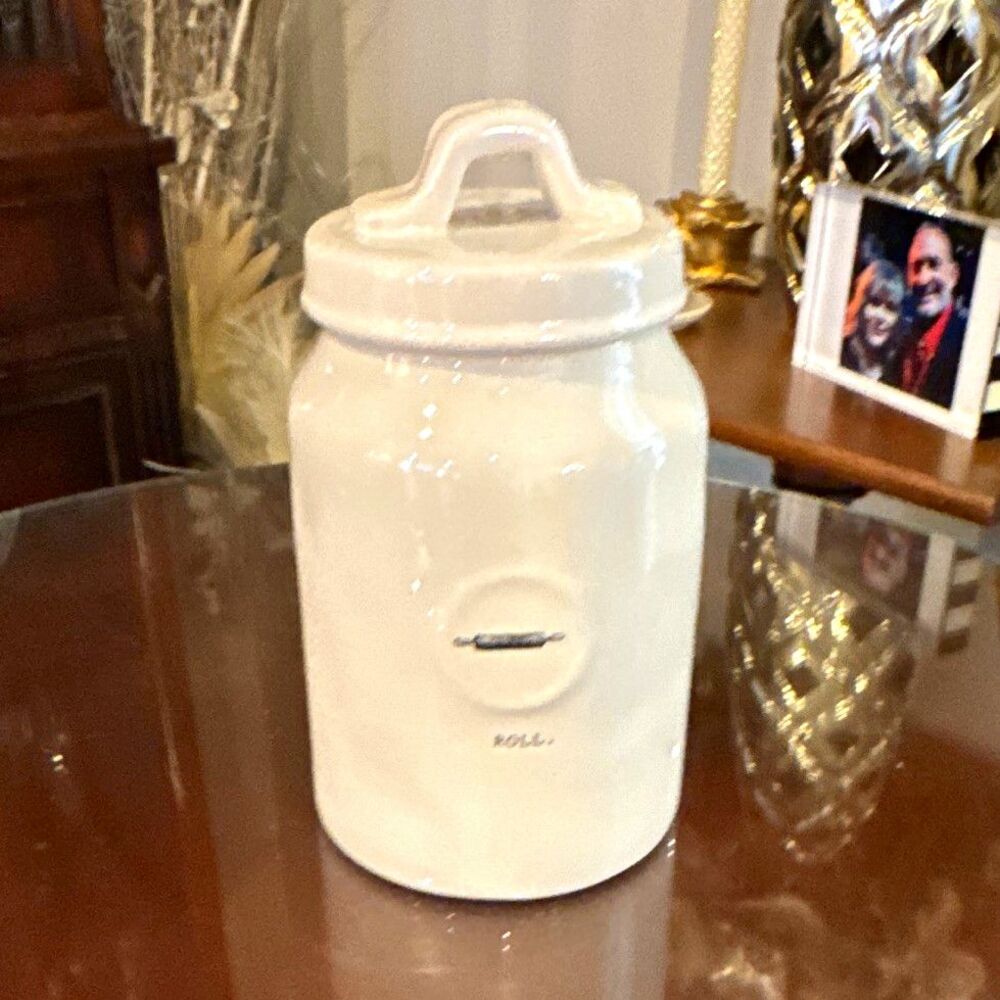 RAE DUNN White Ceramic Farmhouse Kitchen Canister 1 Gal w/Lid Handle, 12" Tall